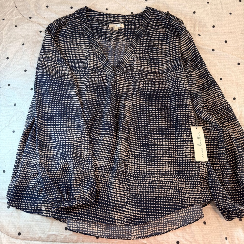 Nine Britton Navy Cream Dotted Print V Neck Long Sleeve Blouse Women's‎ Large